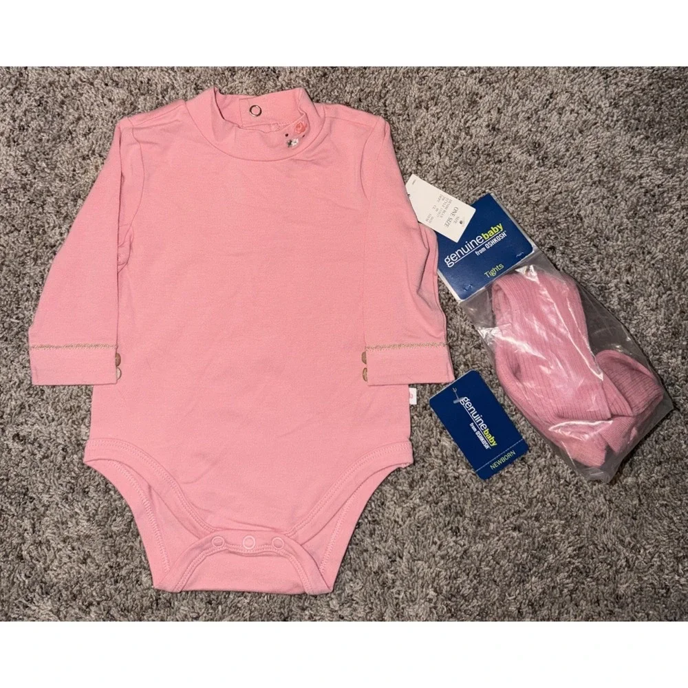 Y2K Genuine Baby OshKosh 6M 3Pc Denim Jumper Pink Top Tights‎ Set NWT Target